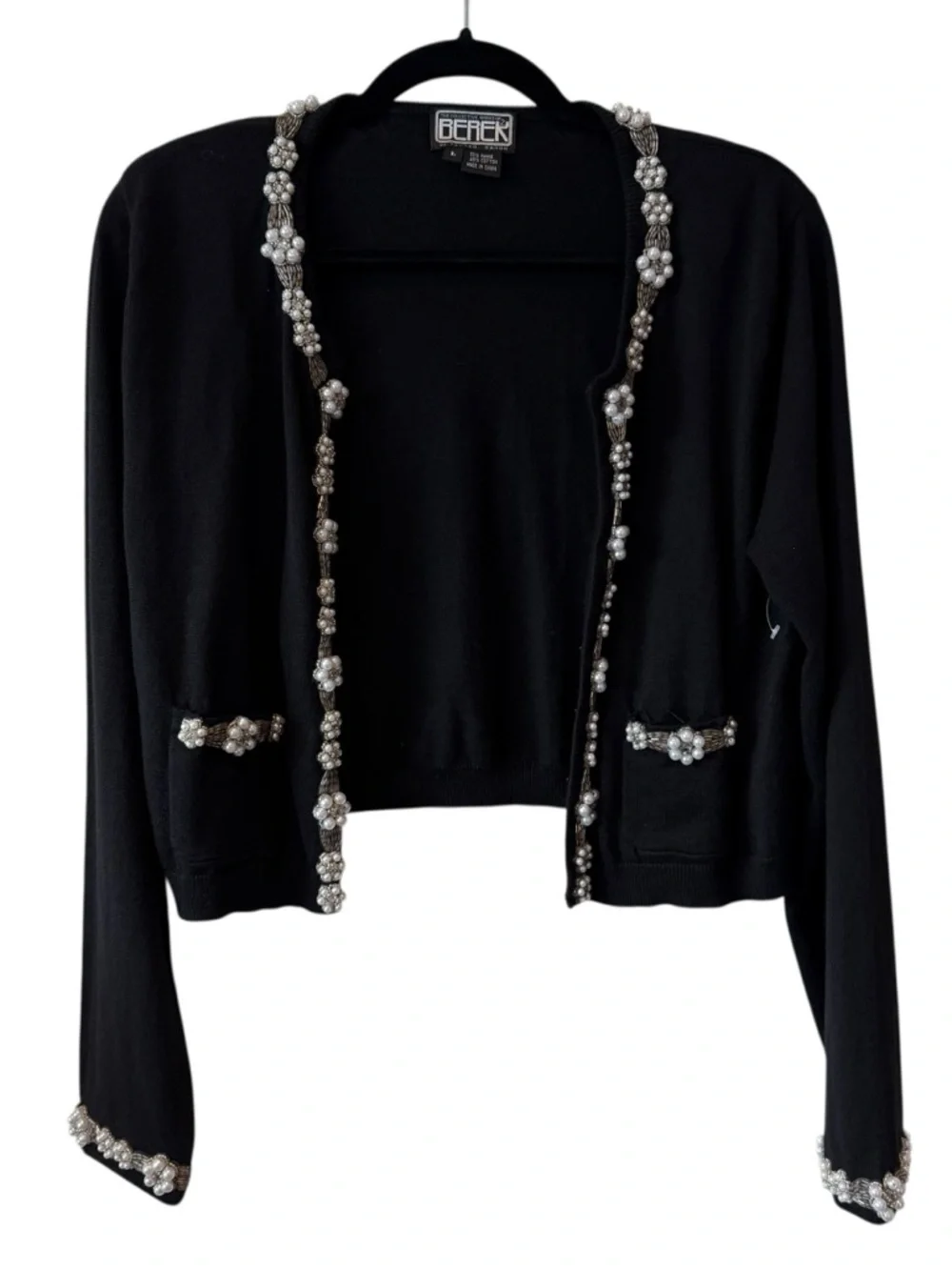 Vintage Berek Takako Sakon Cropped Black Cardigan with Pearls And Sequins Trim - Picture 11 of 16